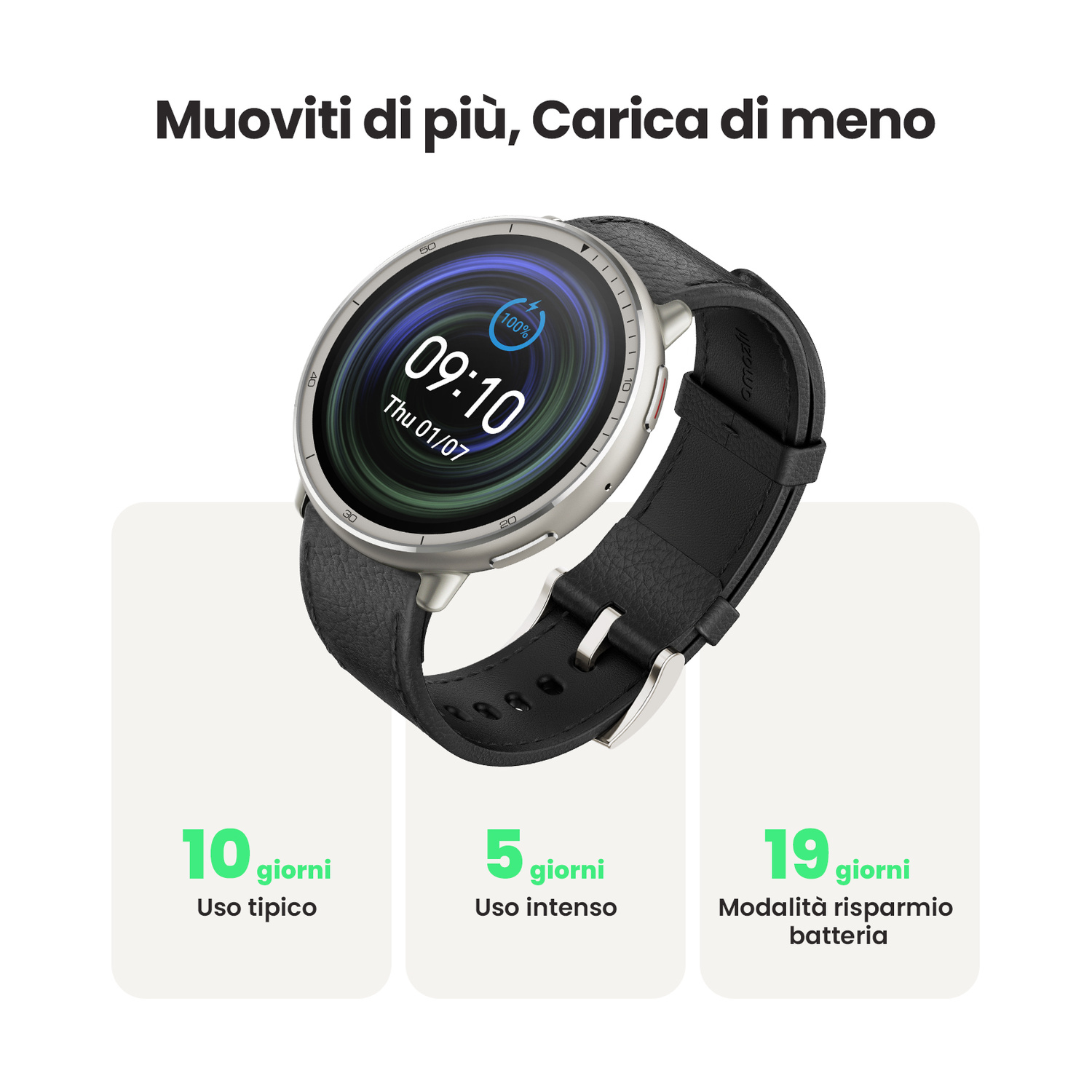 Uno smartwatch argento con cinturino in pelle nera, con autonomia di 10, 5 o 19 giorni.