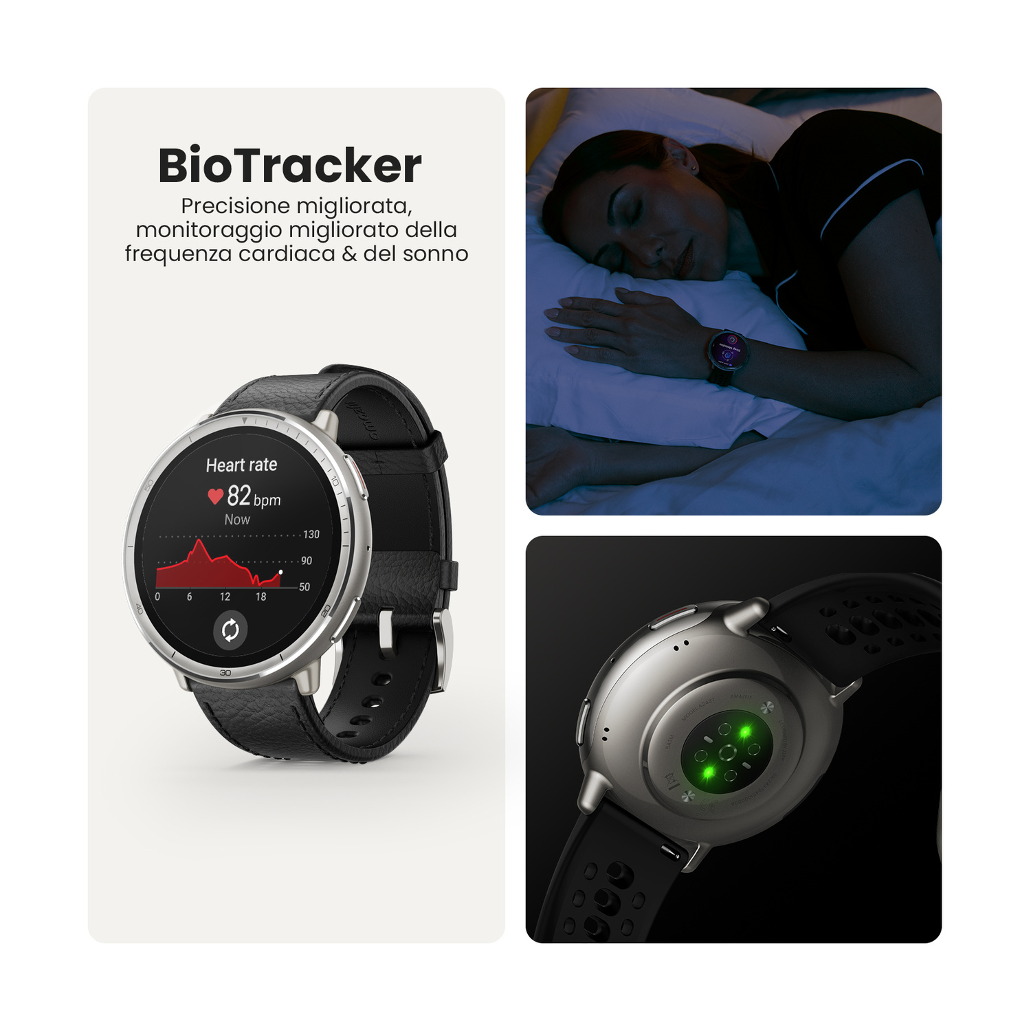Orologio con display battito cardiaco, donna che dorme, retro con sensori verdi.
