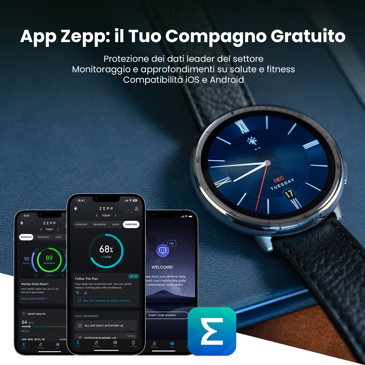 Smartwatch e telefoni mostrano l'app Zepp con dati sanitari e monitoraggio del sonno.