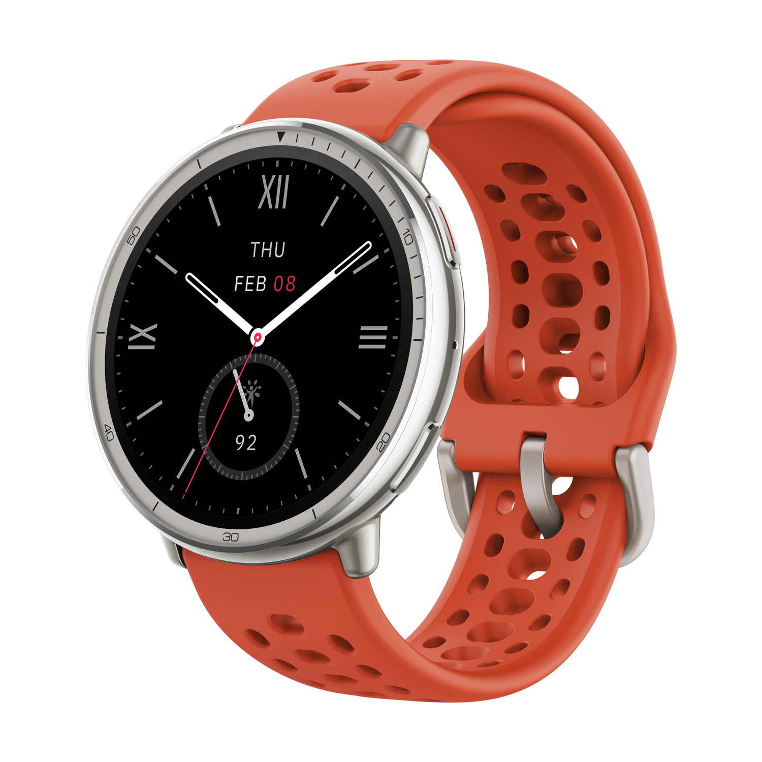 Uno smartwatch con quadrante nero, numeri romani e cinturino arancione.