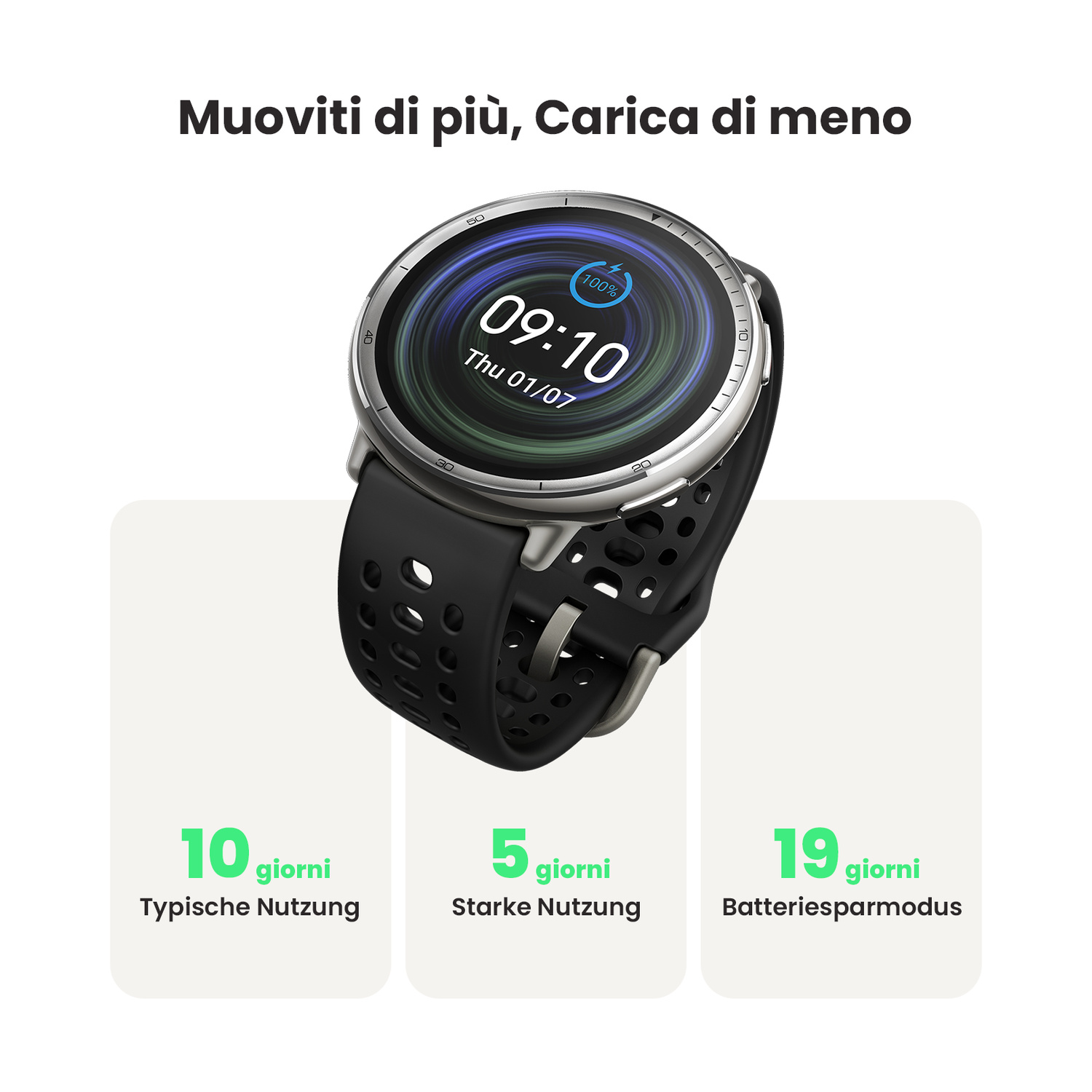 Smartwatch con cinturino nero mostra 09:10. Durata batteria: 10/5/19 giorni.
