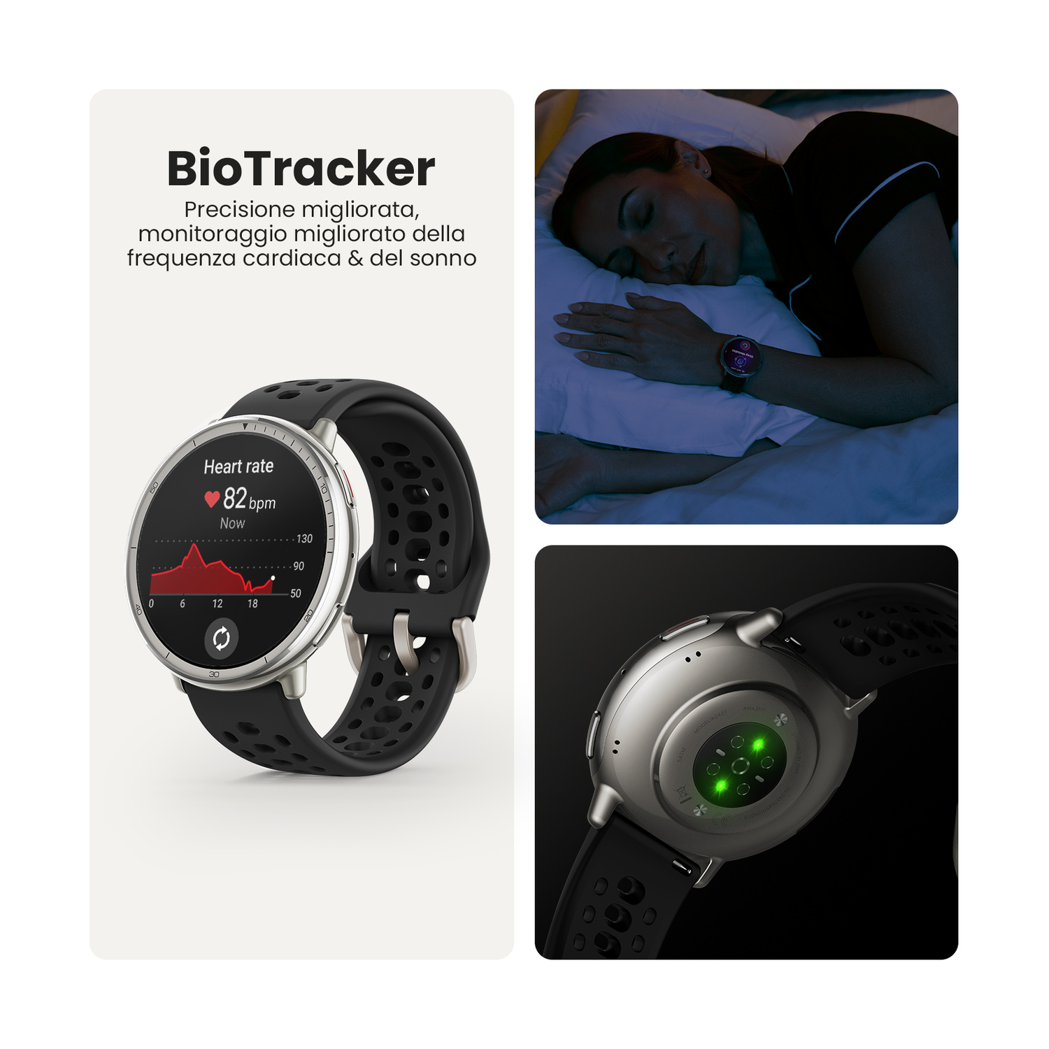 Smartwatch con frequenza cardiaca, donna che dorme, retro con sensori.