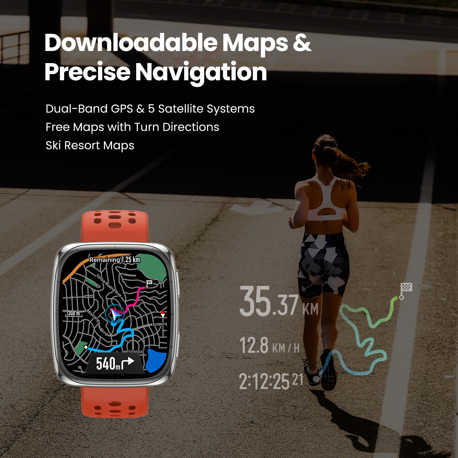 Una donna corre mentre uno smartwatch mostra una mappa e statistiche di corsa.
