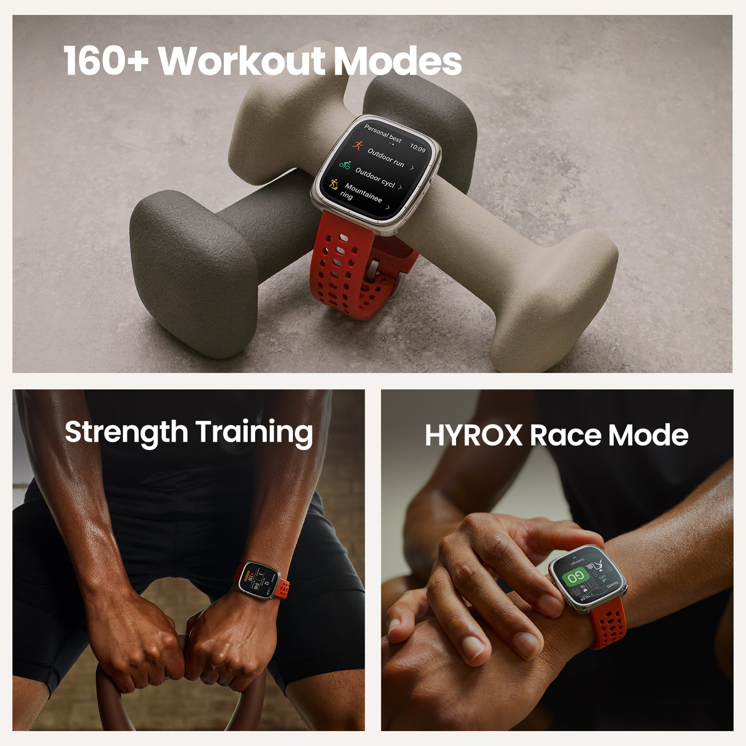 Smartwatch con cinturino rosso, posizionato su manubri. Testo: 160+ Modalità Allenamento.