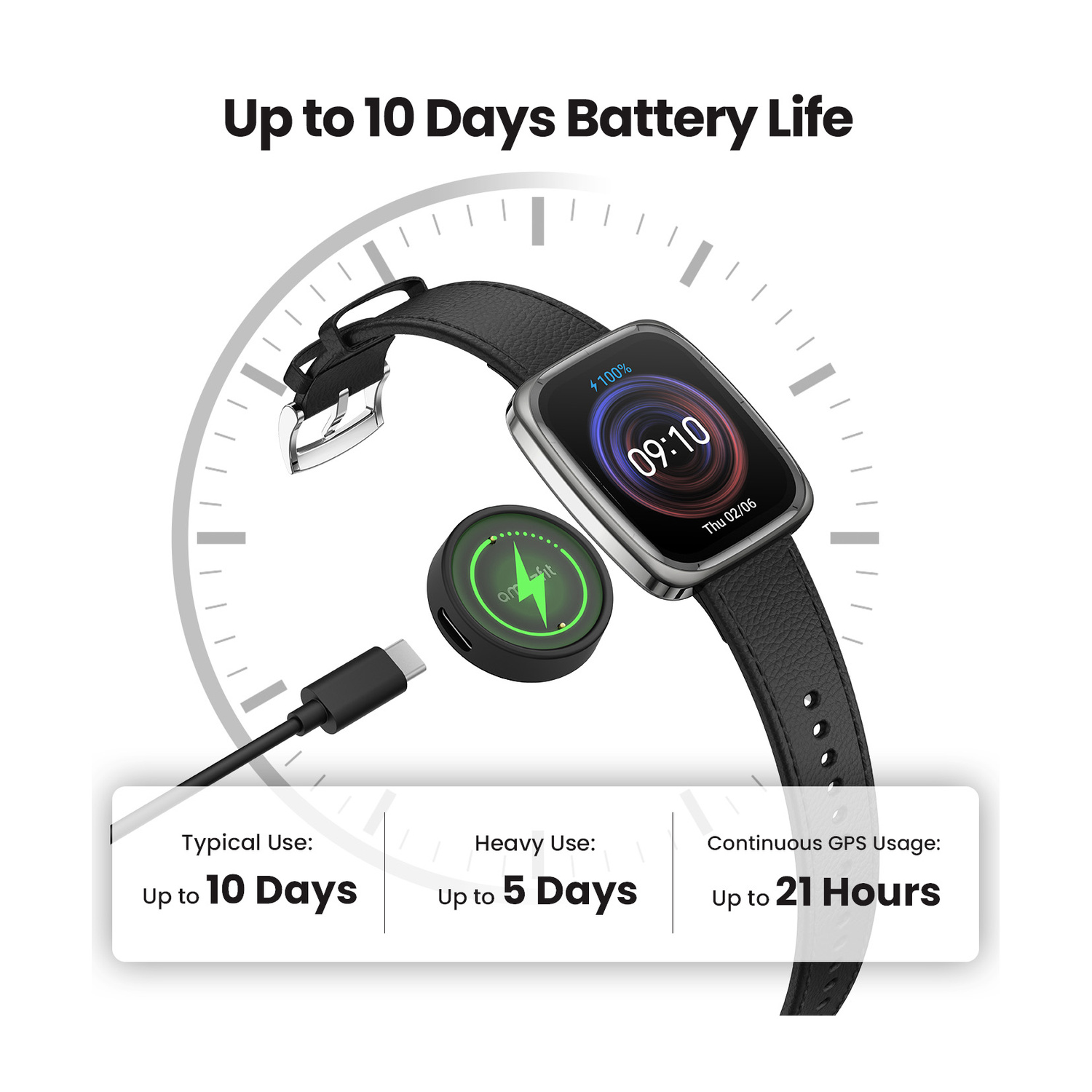 Smartwatch con cinturino nero, cavo e base di ricarica. Dettagli durata batteria.