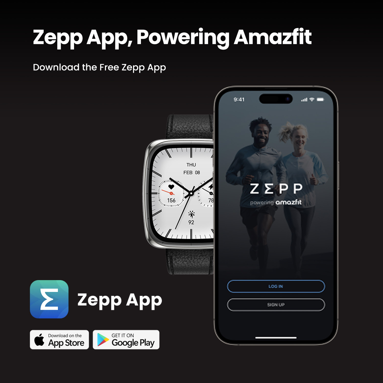 Zepp App: Quadrante smartwatch e app telefono con corridori. Loghi App Store/Google Play.