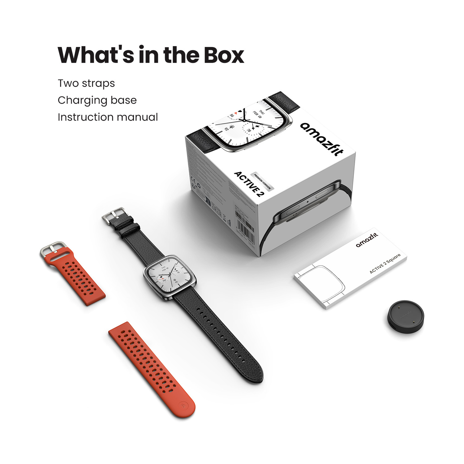 Accessori smartwatch Amazfit: orologio, due cinturini, caricabatterie, manuale.