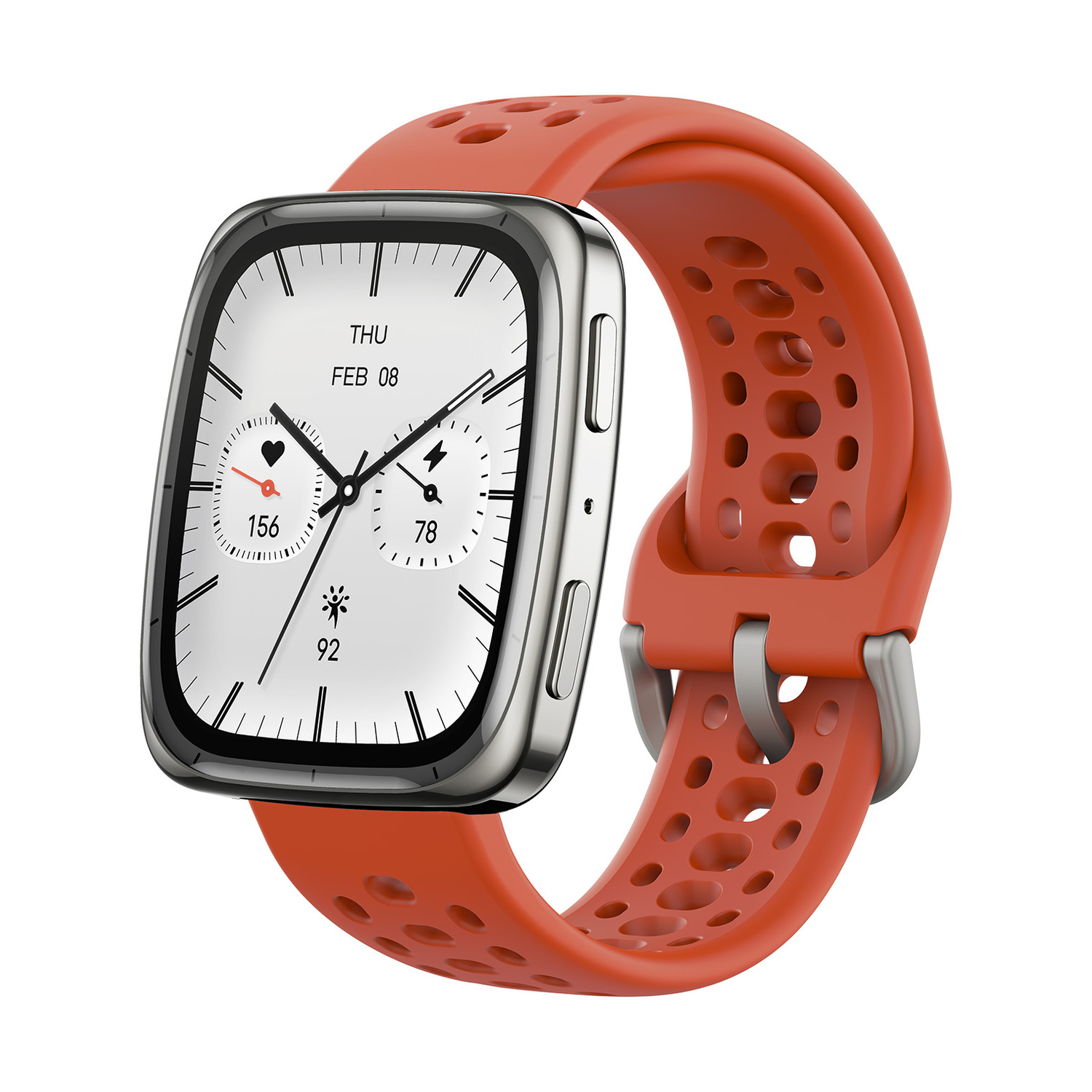 Uno smartwatch arancione con cassa argentata e quadrante che mostra data e battito cardiaco.