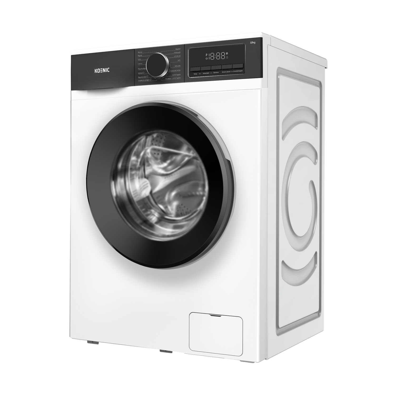 Una lavatrice bianca con oblò nero e display digitale, capacità 12 kg.