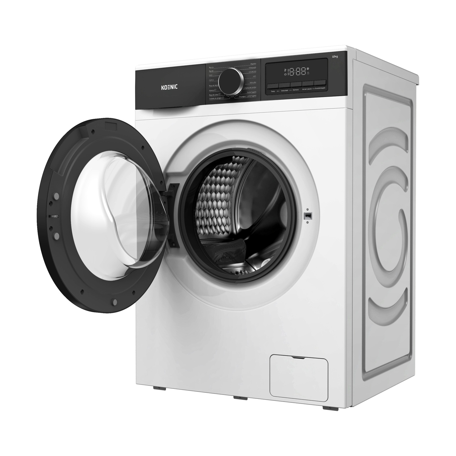 Lavatrice bianca con porta aperta e display digitale. Capacità 12 kg.