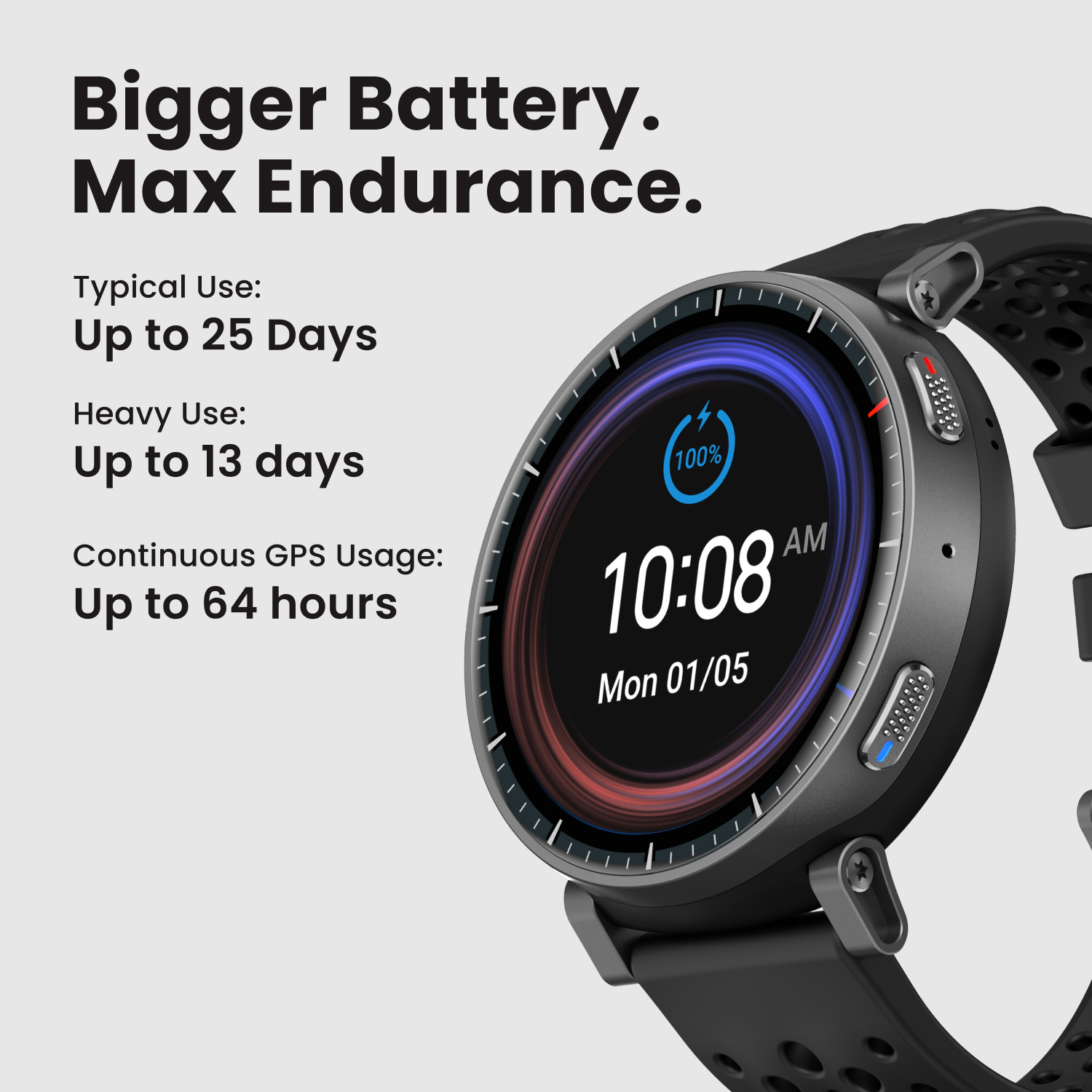 Smartwatch con ora 10:08 AM, batteria 100% e data Lun 01/05.