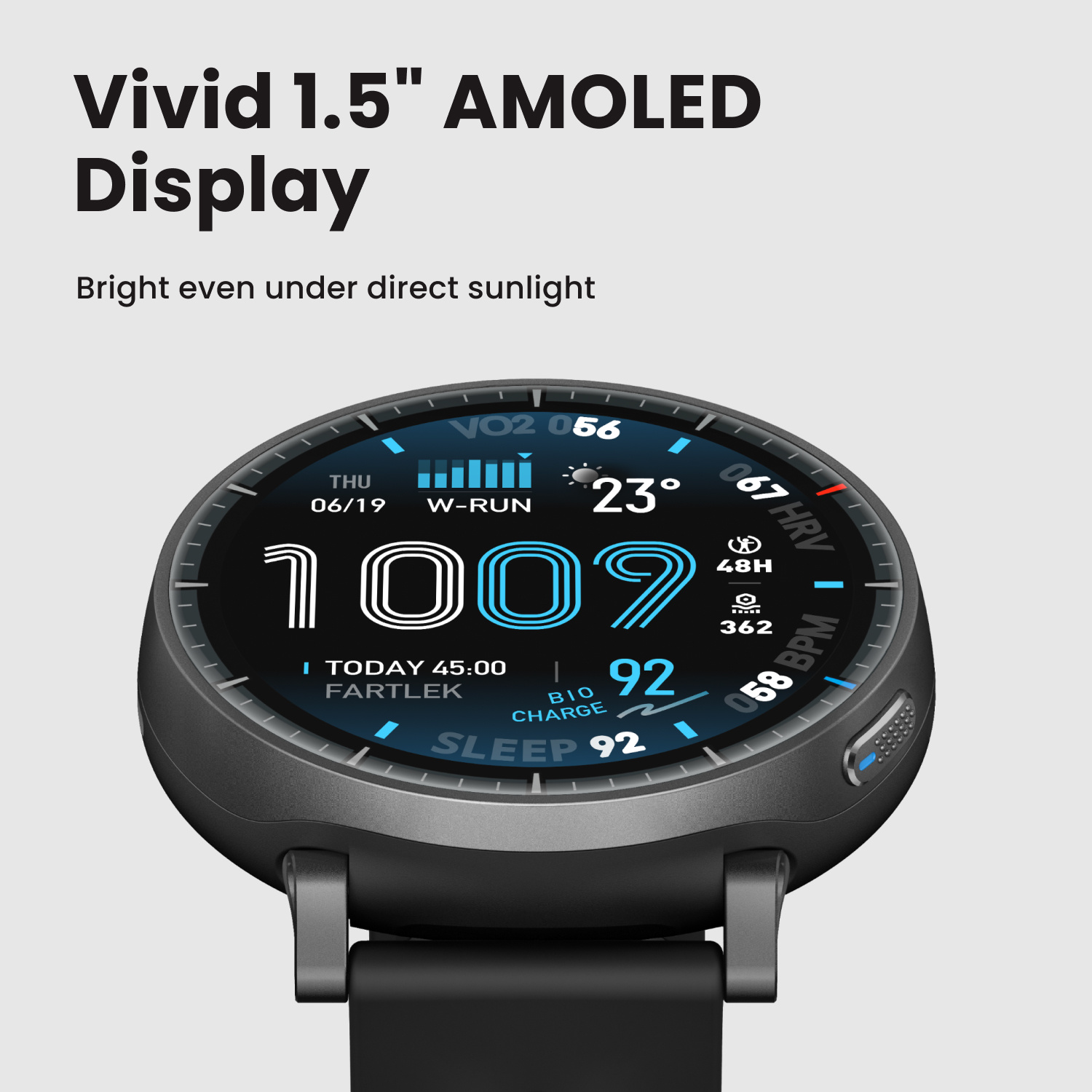 Uno smartwatch nero con display AMOLED mostra dati allenamento: passi, battiti, sonno.