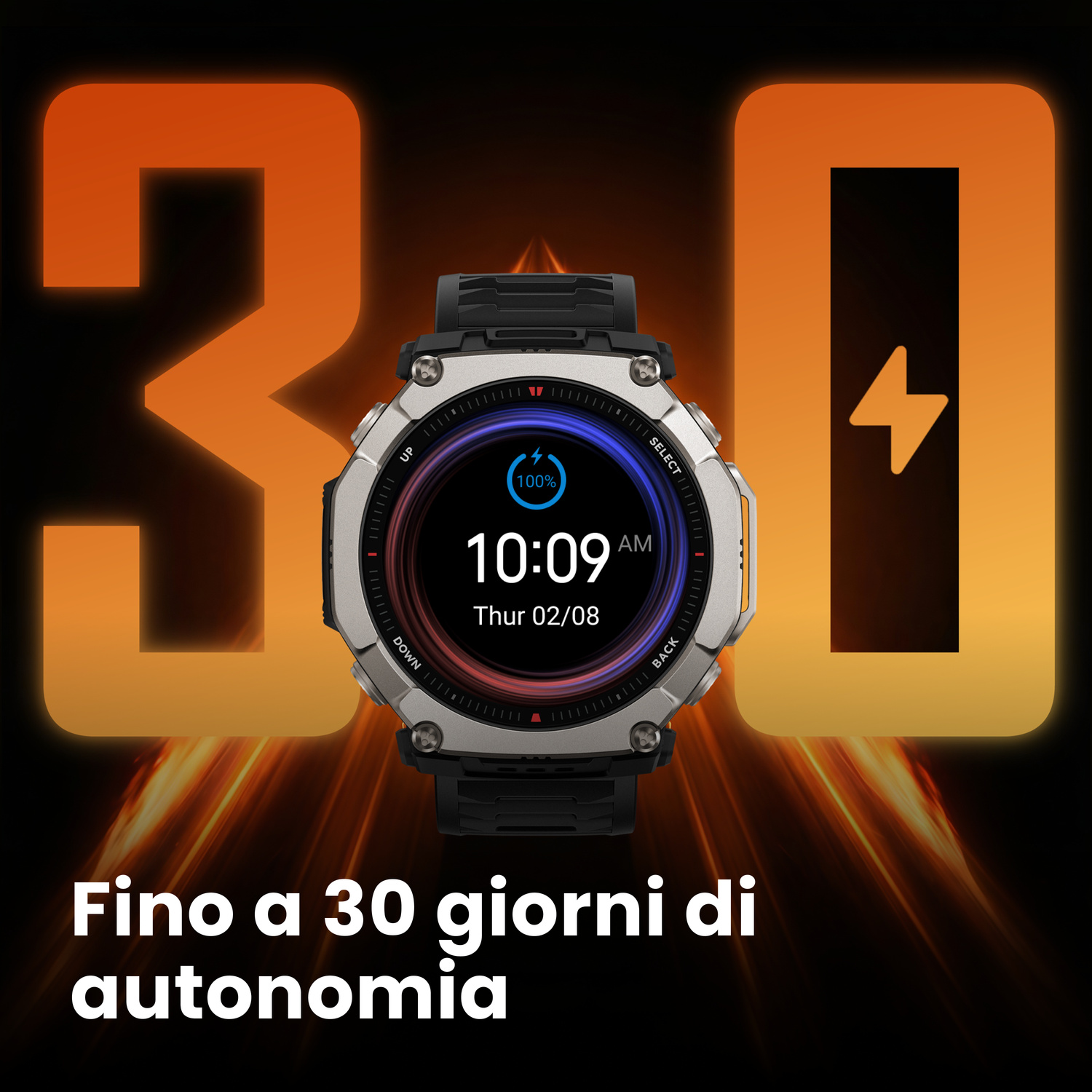 Uno smartwatch con display a piena batteria, circondato dal numero 30.