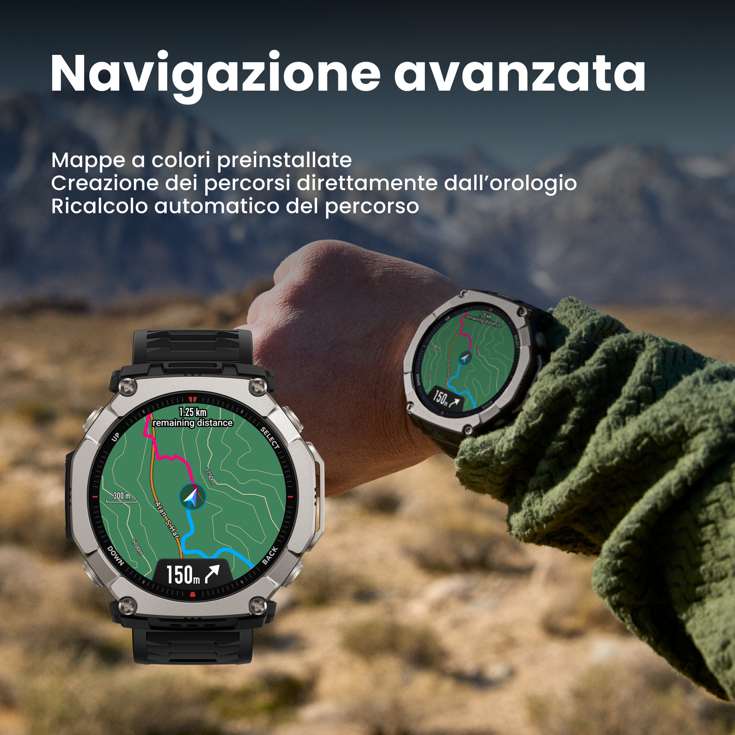 Uno smartwatch con mappa di navigazione in un paesaggio montuoso.