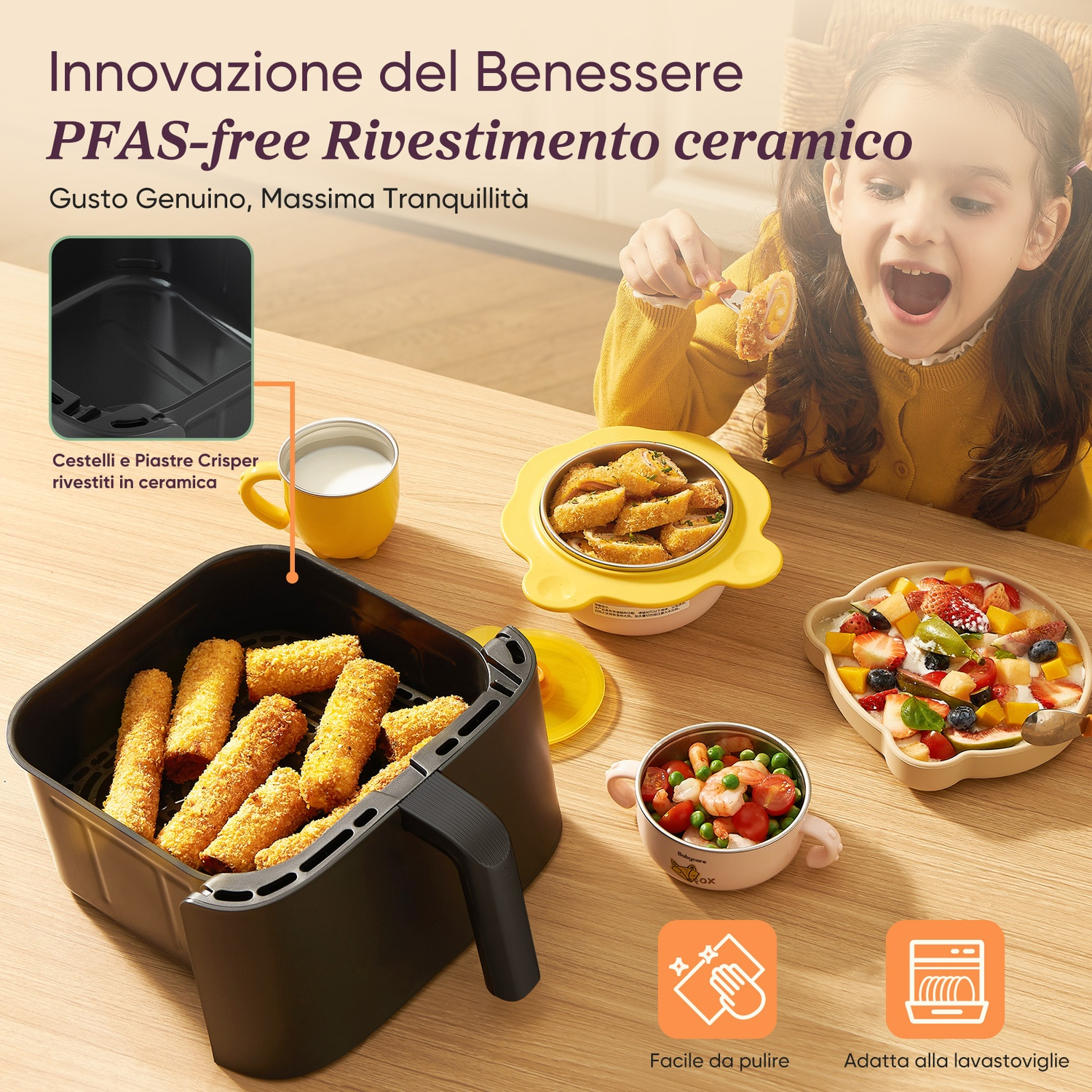 Bambina mangia cibo fritto da friggitrice ad aria. Vicino ci sono ciotole con frutta e gamberi.
