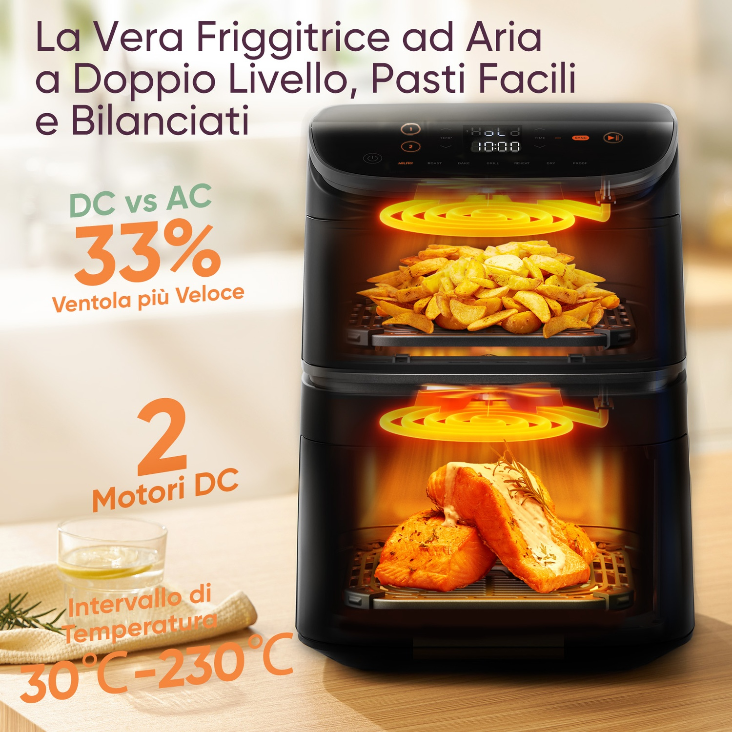 Friggitrice ad aria a doppio livello con patatine e salmone, con testo.