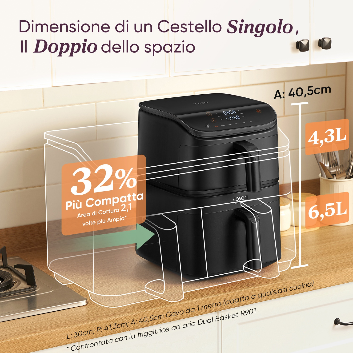 Friggitrice ad aria nera a doppio cestello su un piano di lavoro, con capacità di 4,3L e 6,5L.