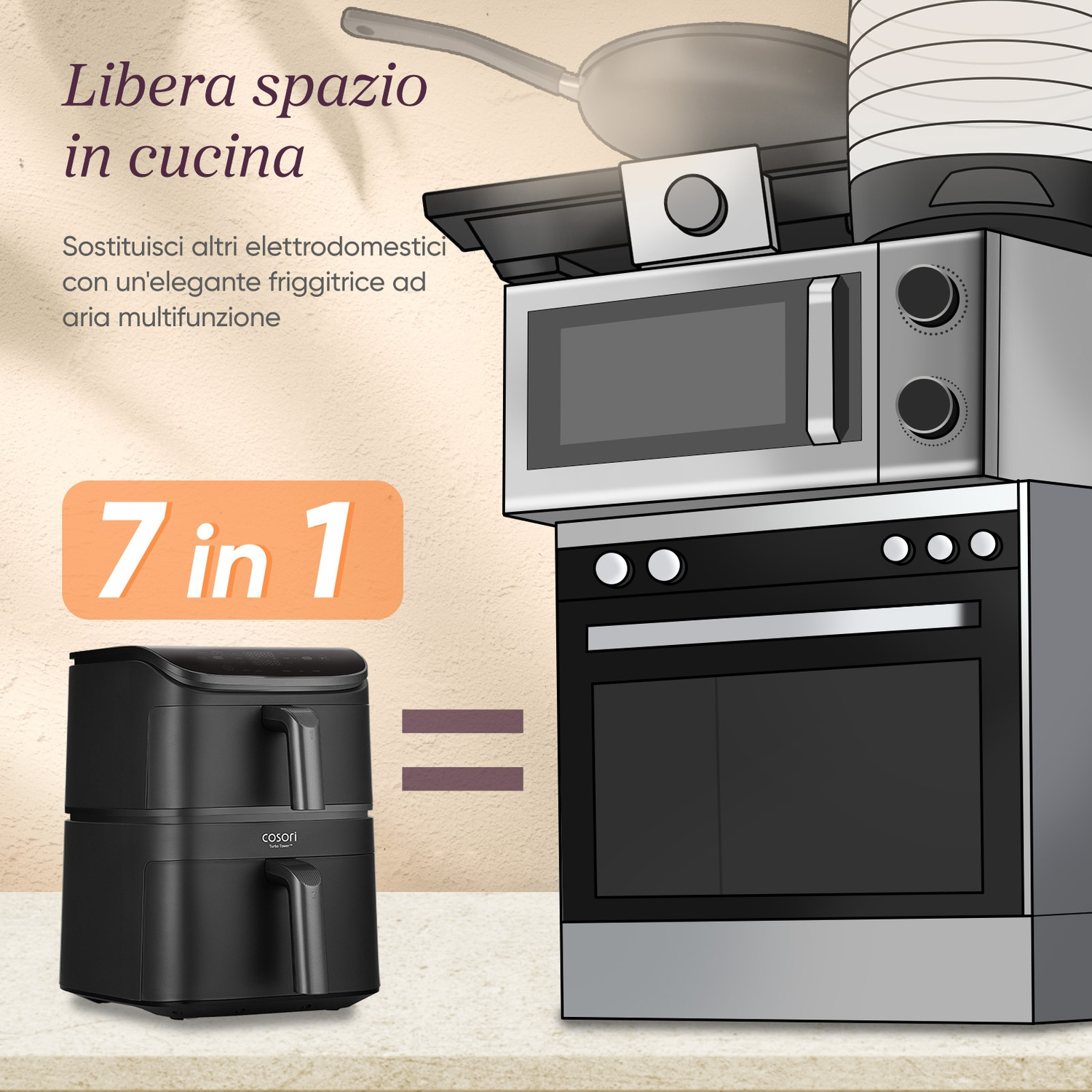 Una pila nera di due friggitrici ad aria si trova a sinistra, con un forno e un microonde a destra.