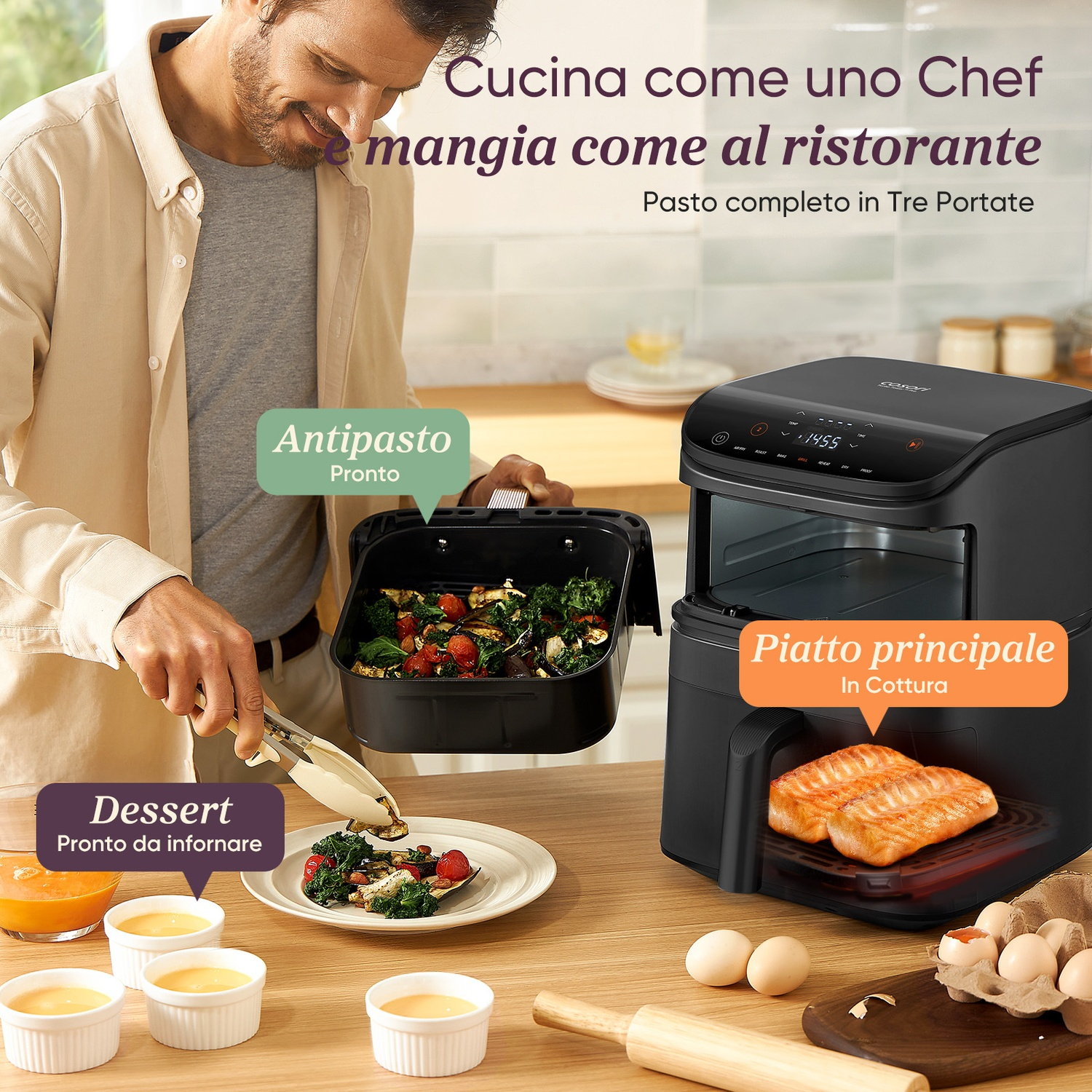 Uomo cucina con friggitrice ad aria, salmone e verdure in preparazione.