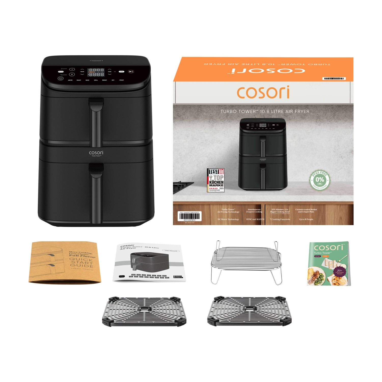 Friggitrice ad aria nera Cosori Turbo Tower 10,8 L con accessori e confezione.
