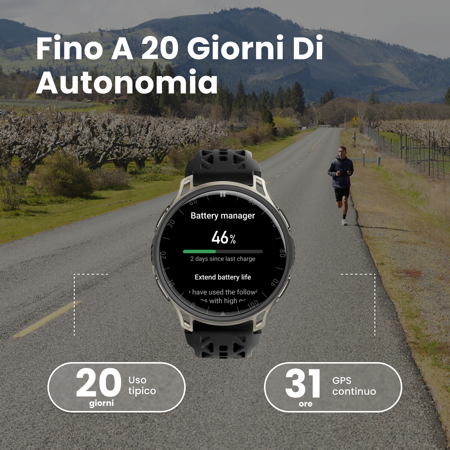 Un uomo corre su una strada vicino ad alberi in fiore. Uno smartwatch mostra il 46% di batteria.