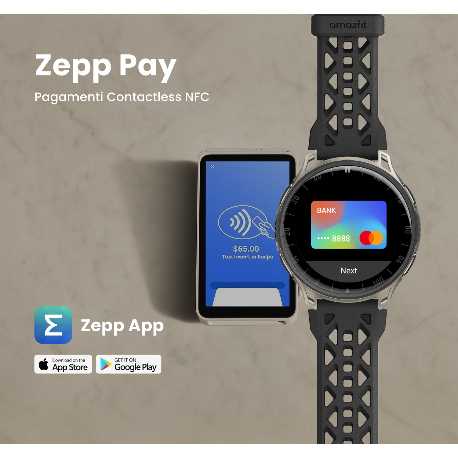 Smartwatch con Zepp Pay, app di pagamento e terminale NFC.