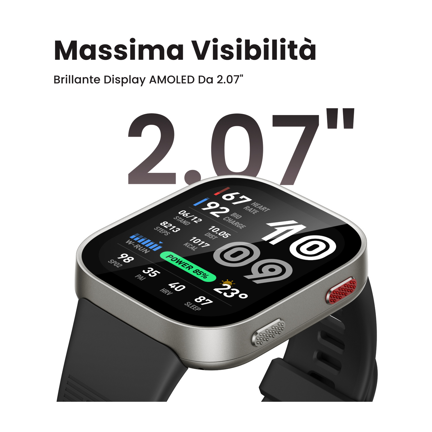 Primo piano di uno smartwatch con display AMOLED da 2,07 pollici che mostra i segni vitali.