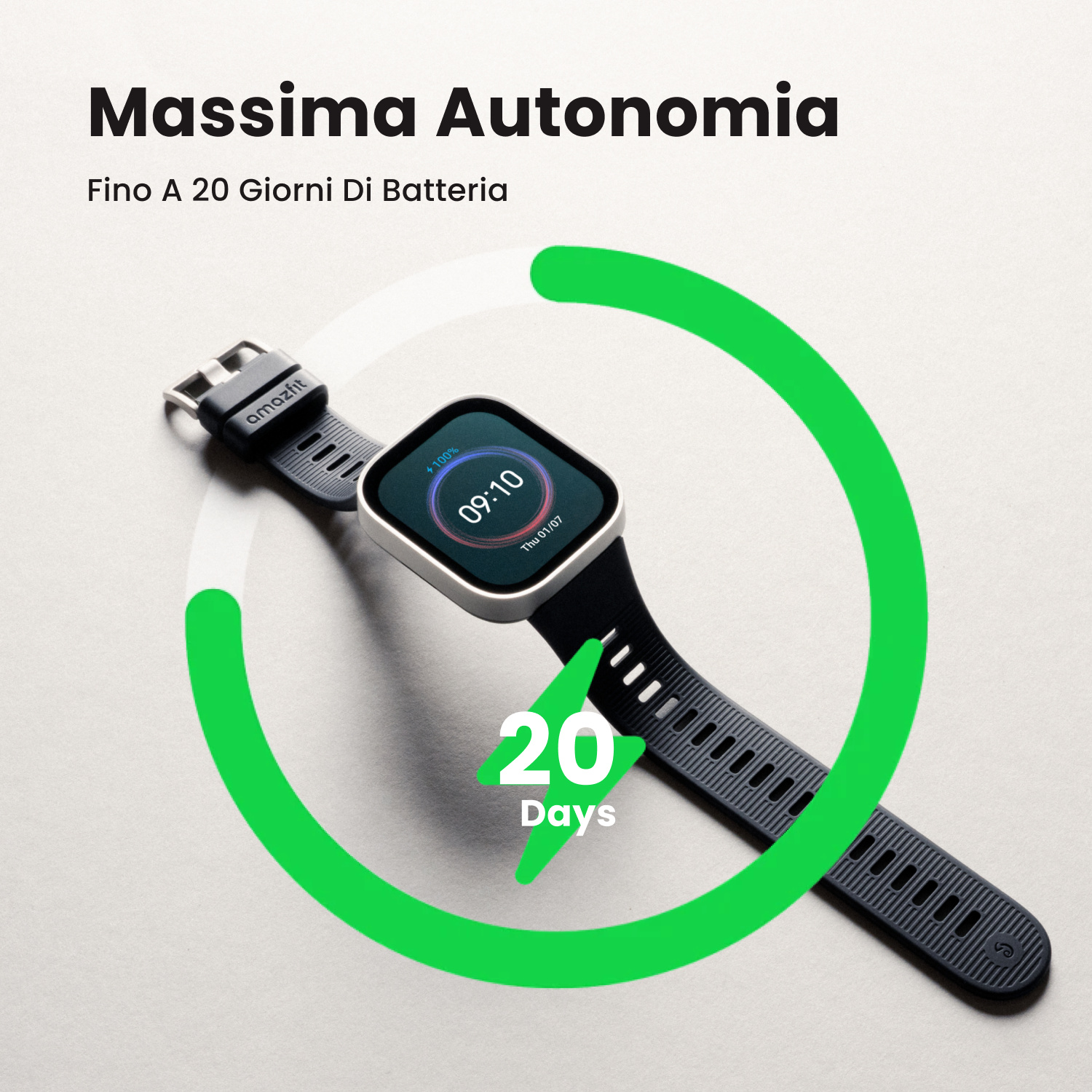 Uno smartwatch nero con logo "Amazfit" che mostra 20 giorni di autonomia.