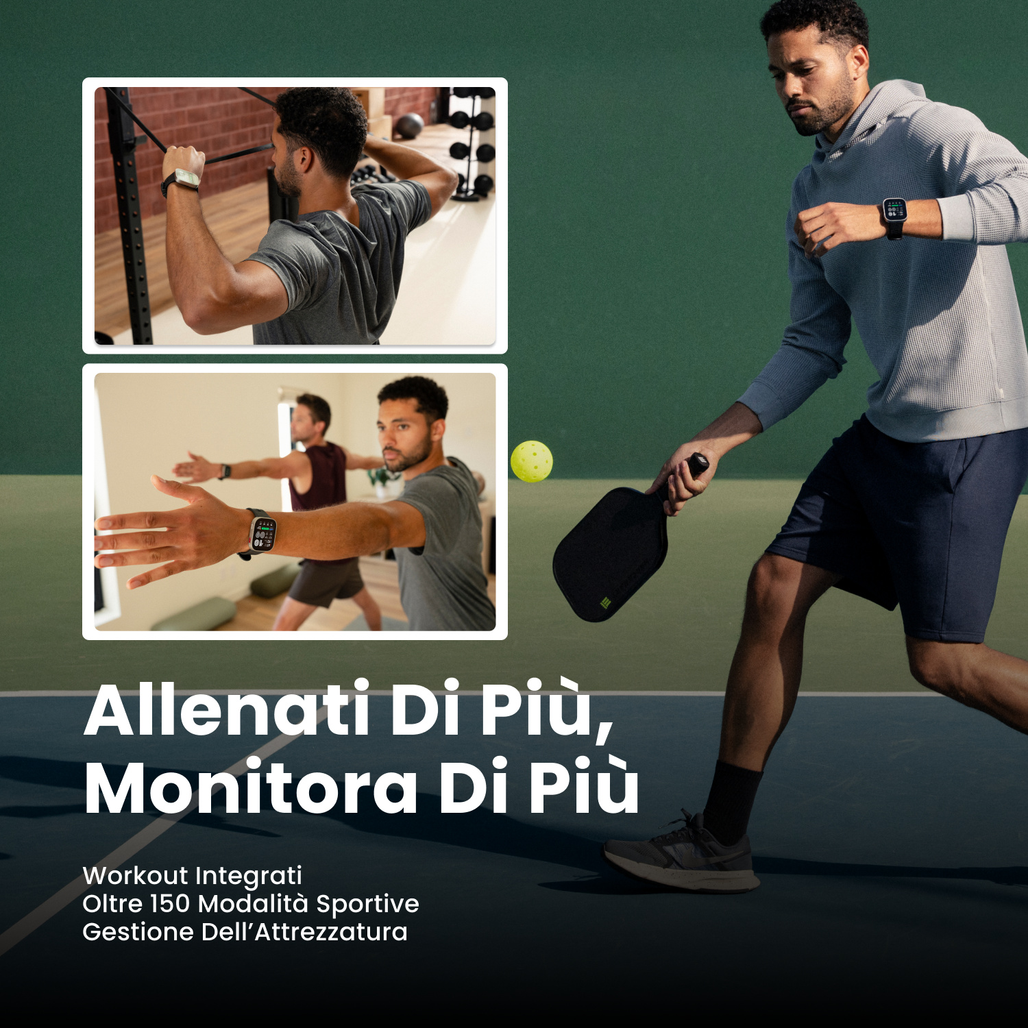 Uomo gioca a pickleball, fa esercizi con elastico e si allunga. Indossa uno smartwatch.