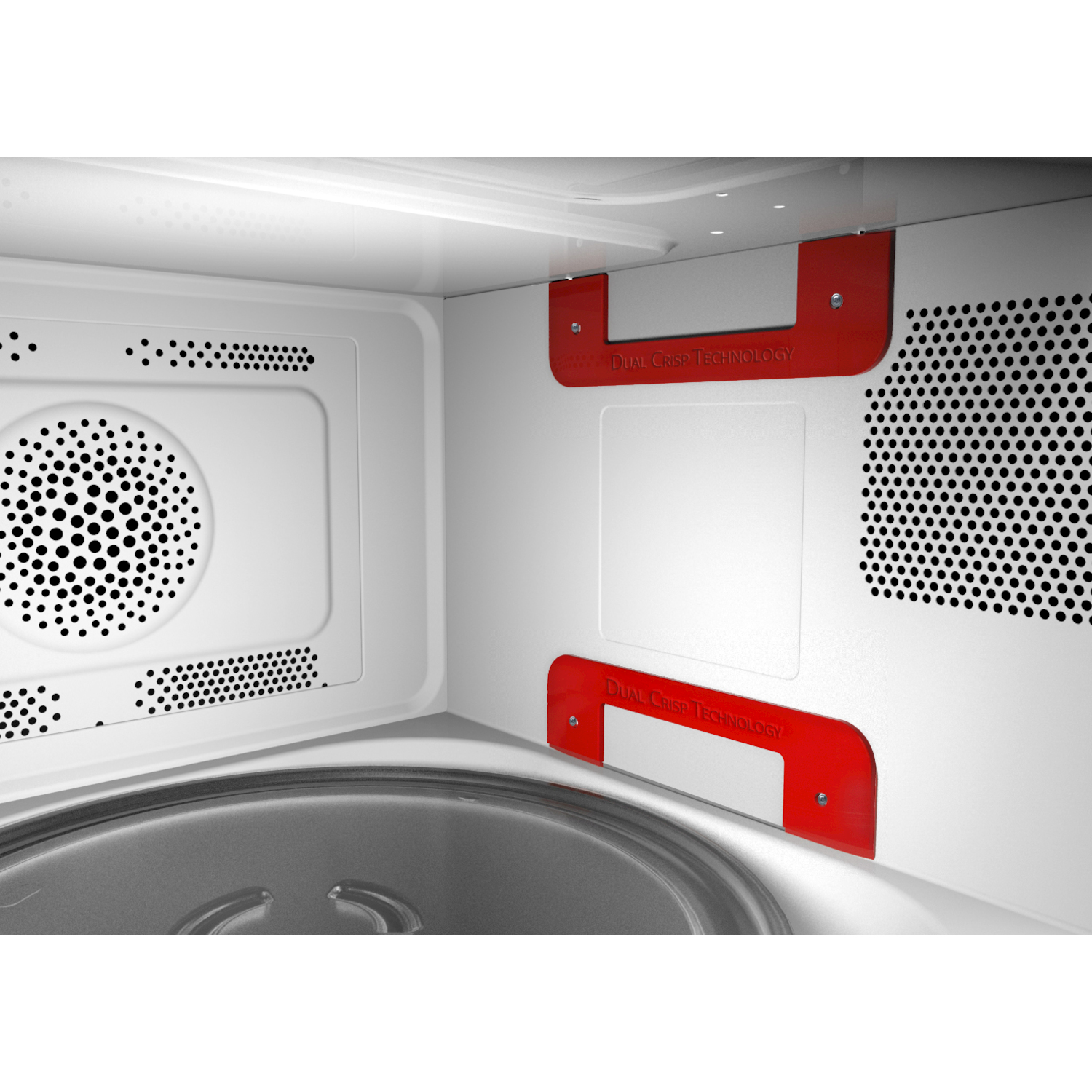Vista interna di un microonde con griglie di ventilazione e staffe rosse.
