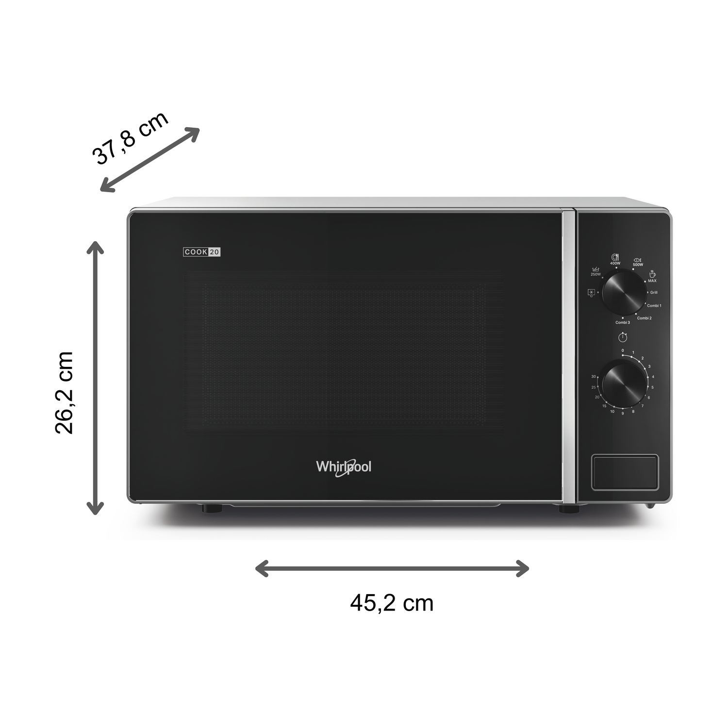 Forno a microonde Whirlpool nero con dimensioni 45,2x37,8x26,2 cm.