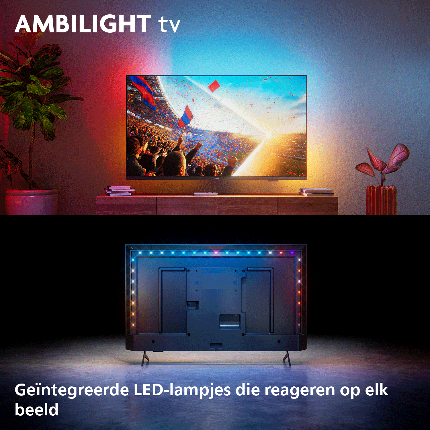 TV met Ambilight toont publiek, achterkant met LED-lampjes.