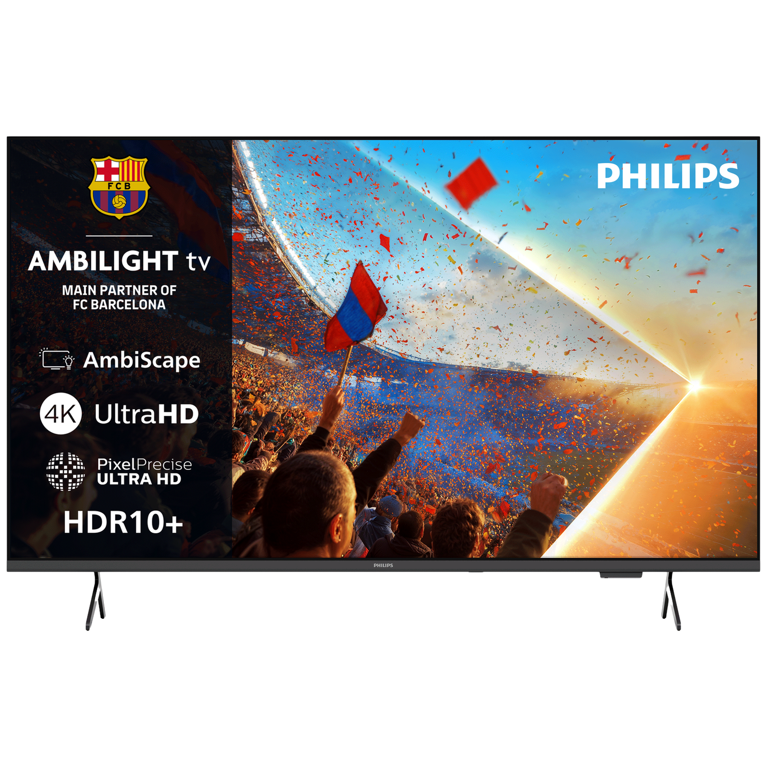 Een Philips Ambilight TV toont juichende menigte met confetti en vlaggen.