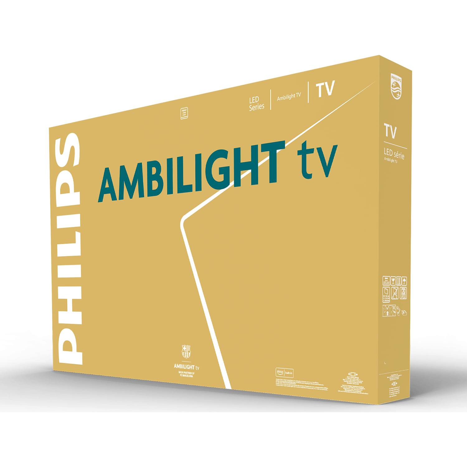 Philips Ambilight TV doos met logo's en productdetails.