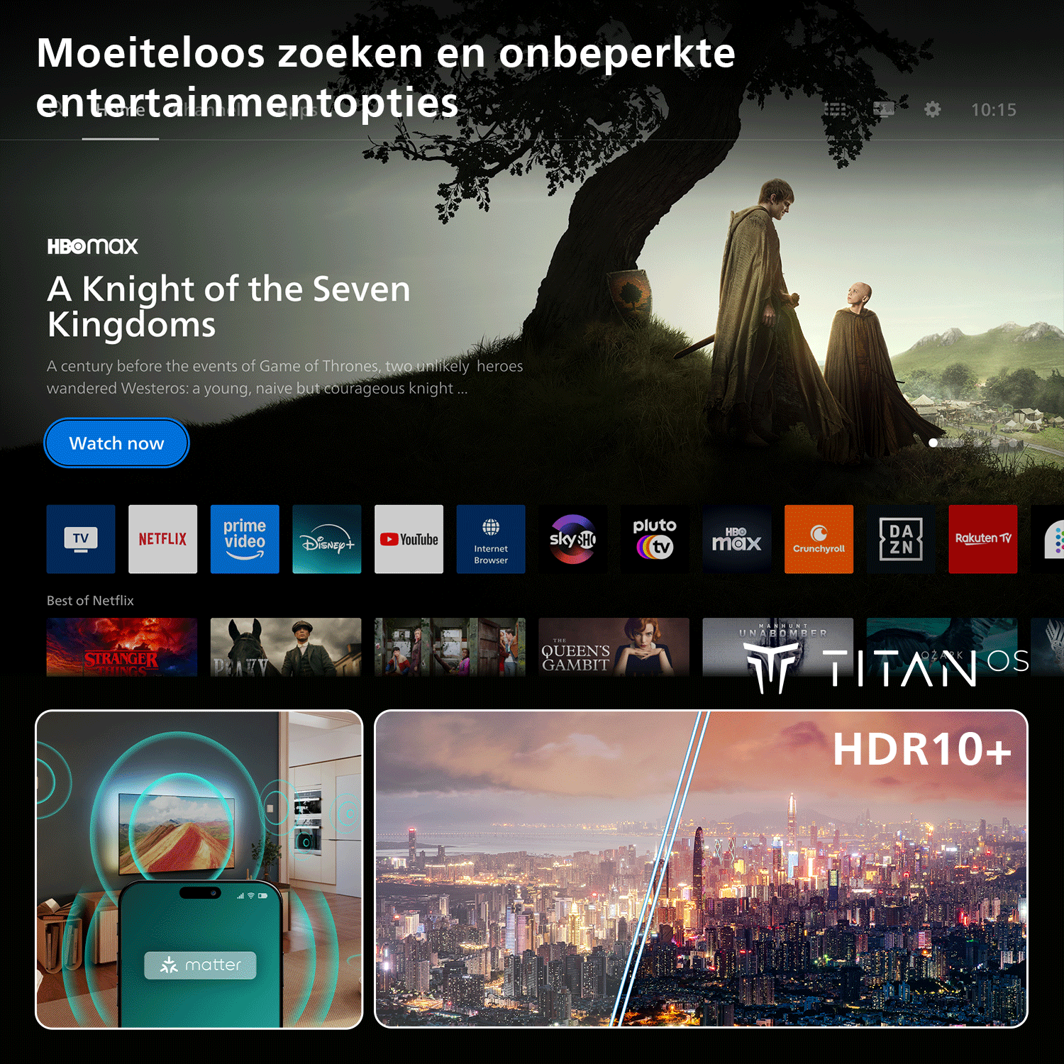 HBO Max-startpagina met filmtrailers, apps en stadsgezicht.