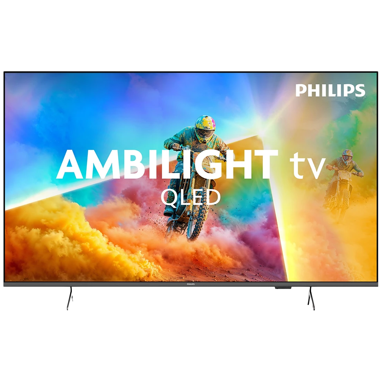 Philips Ambilight TV QLED with two motocross riders on screen.