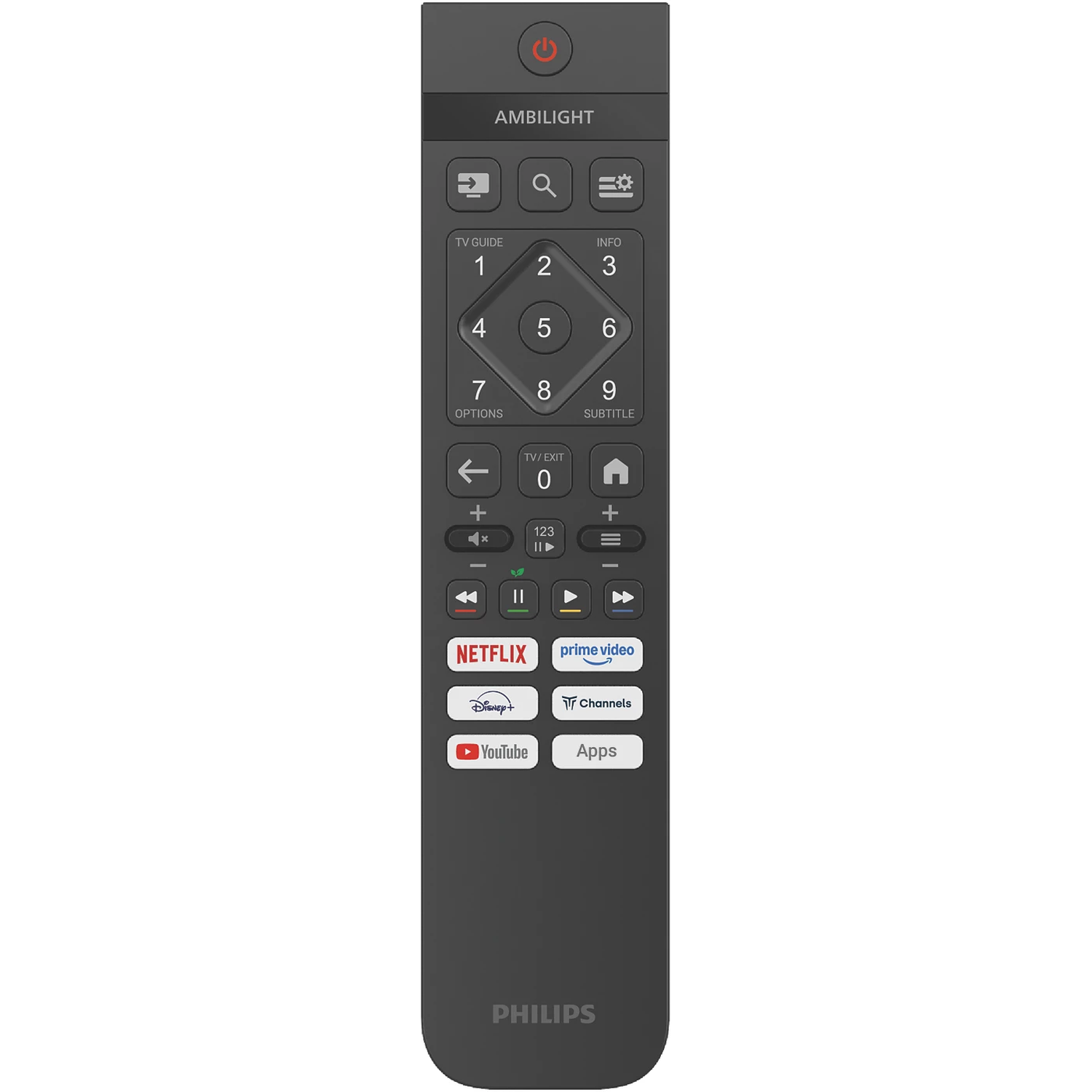 A dark gray Philips TV remote with number buttons, app shortcuts, and navigation.