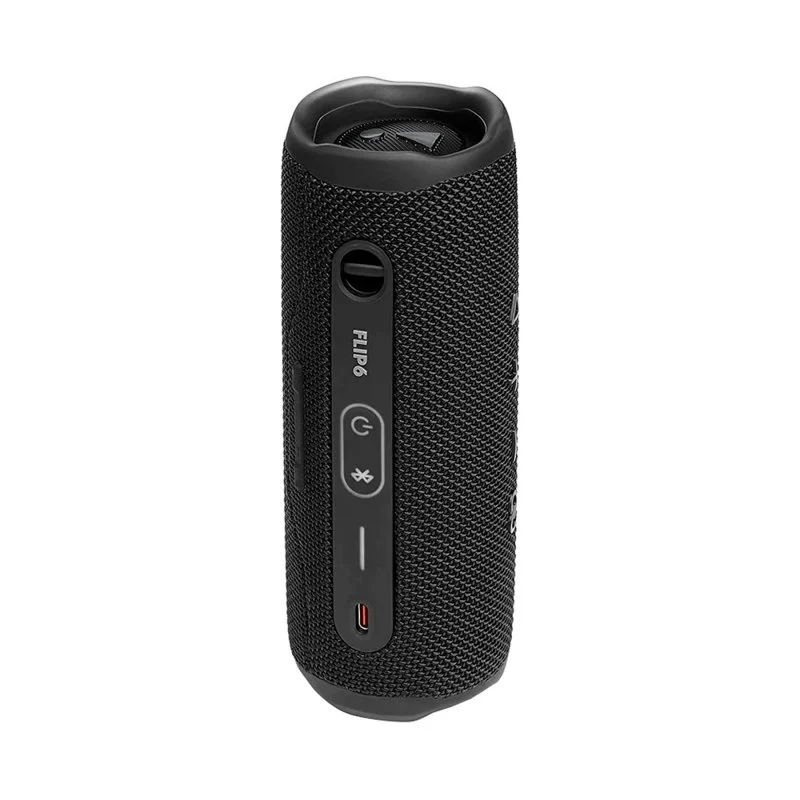 Altavoz JBL Flip 6 negro con botones de encendido, Bluetooth y volumen.