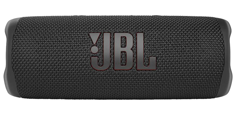 Altavoz Bluetooth JBL negro con borde rojo alrededor del logo.