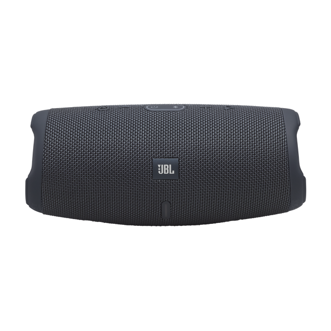 Altavoz Bluetooth JBL gris oscuro con rejilla de tela y controles superiores.