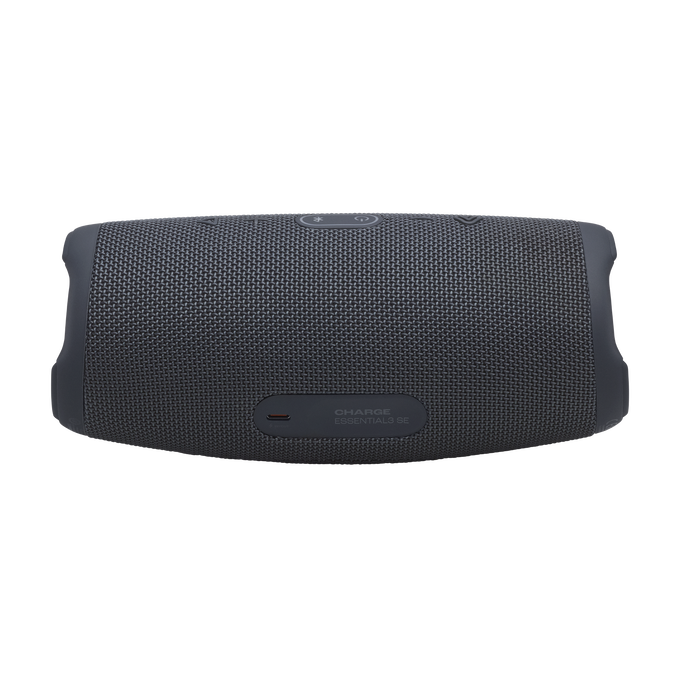 Altavoz Bluetooth gris oscuro de tela con botones de control y puerto USB-C.