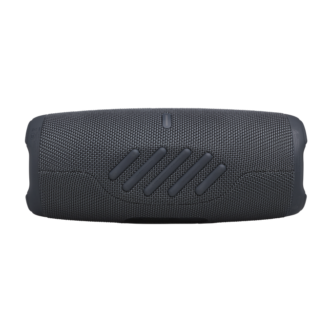 Un altavoz Bluetooth rectangular gris oscuro con cubierta de tela y goma.