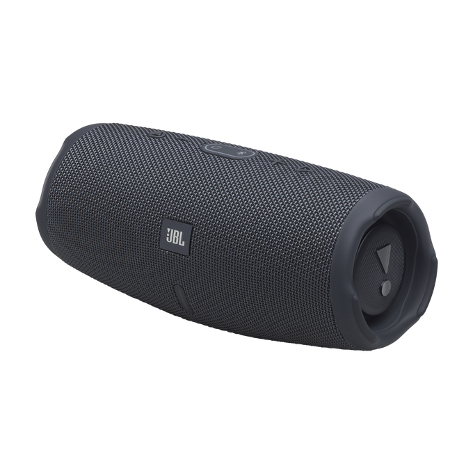 Altavoz Bluetooth JBL gris oscuro sobre fondo negro.
