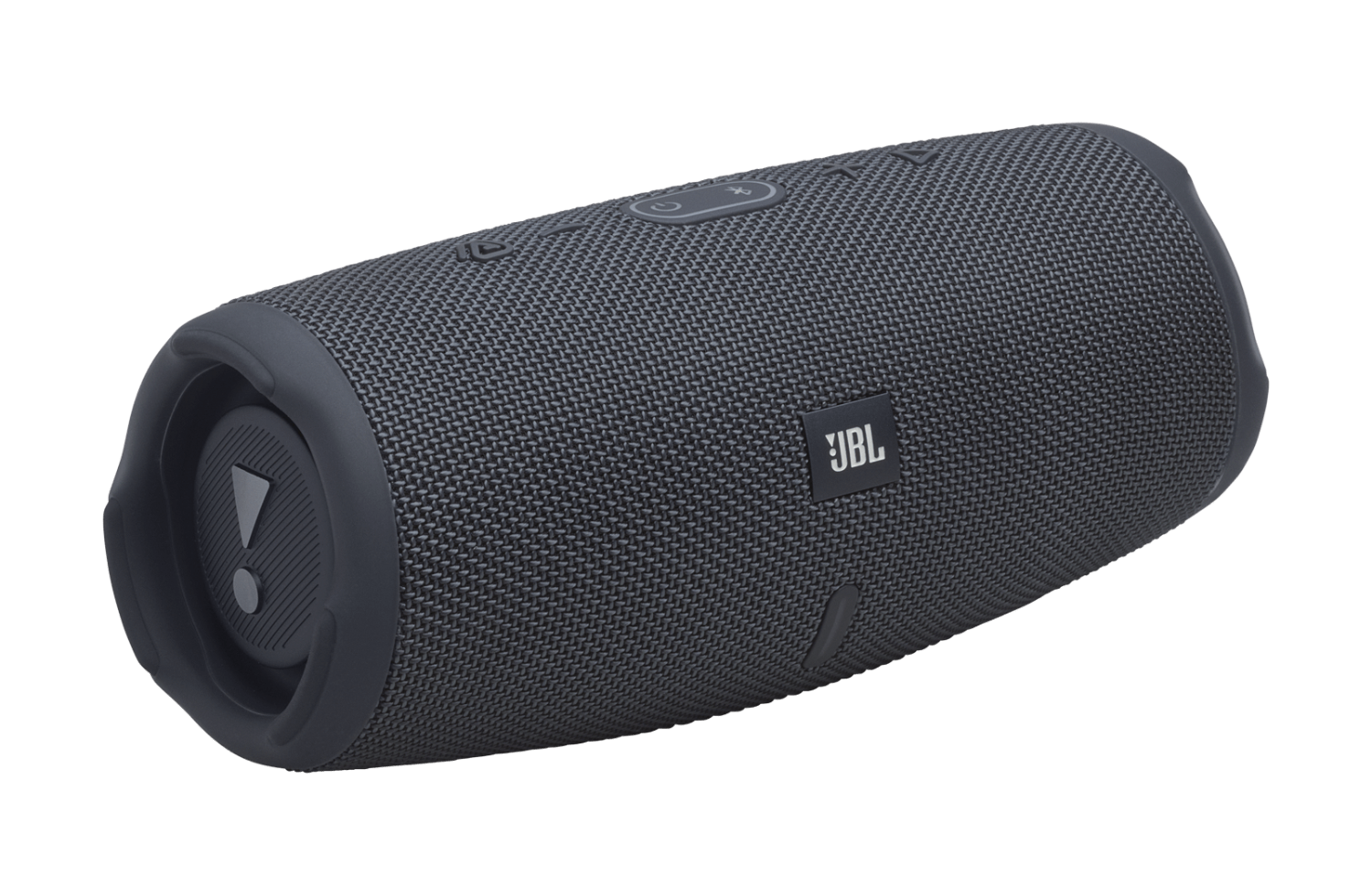 Un altavoz Bluetooth JBL oscuro con cubierta de tela y un símbolo de advertencia.