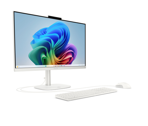 Un ordenador todo en uno blanco con teclado y ratón sobre fondo blanco.