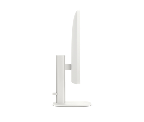 Un monitor de computadora blanco sobre un soporte delgado, visto de lado.