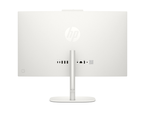 Parte trasera blanca de un ordenador todo en uno HP con puertos y soporte plateado.