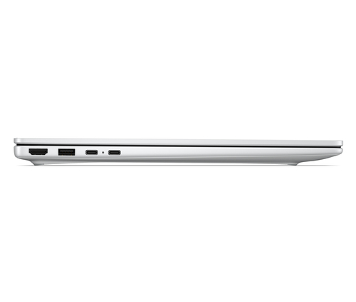 Vista lateral de un portátil blanco cerrado, mostrando puertos HDMI, USB-A y dos USB-C.