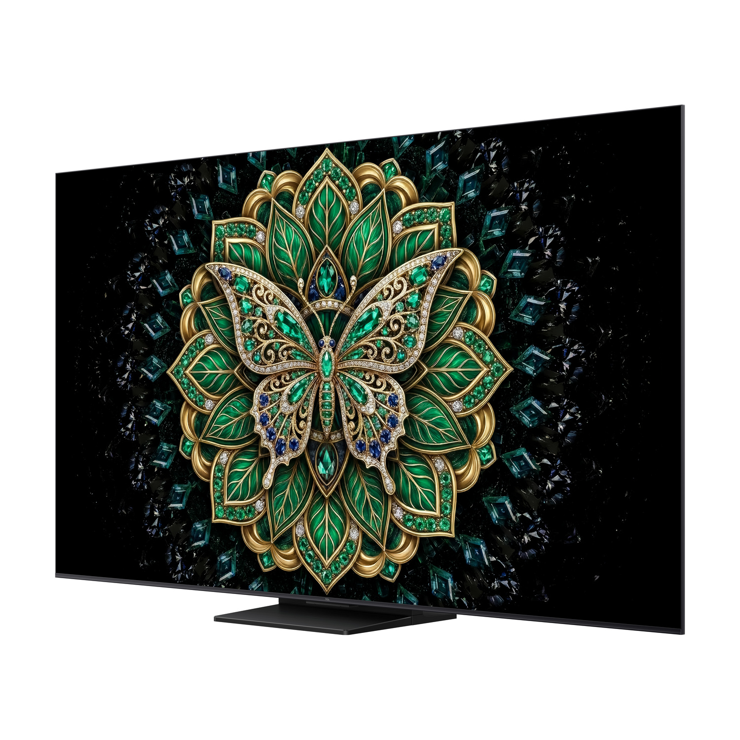 Un televisor negro muestra una mariposa incrustada de joyas sobre fondo negro.