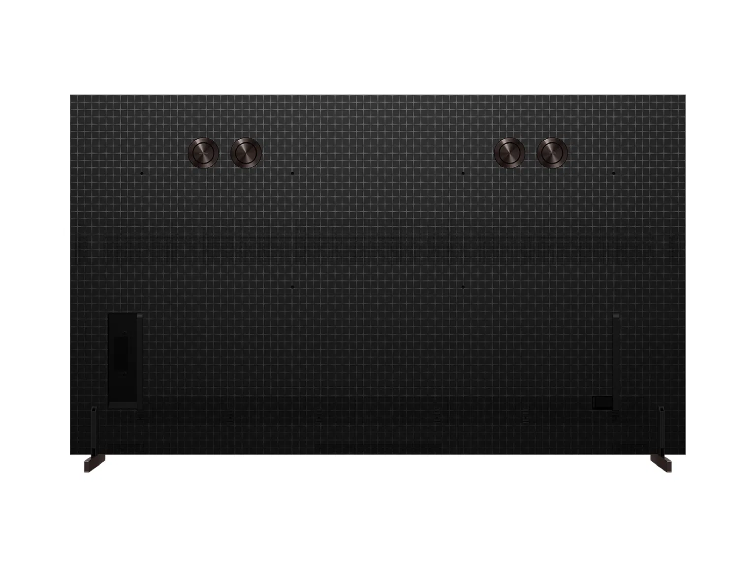 Reverso de un televisor negro con patrón de cuadrícula. Dos altavoces circulares arriba, puertos abajo.